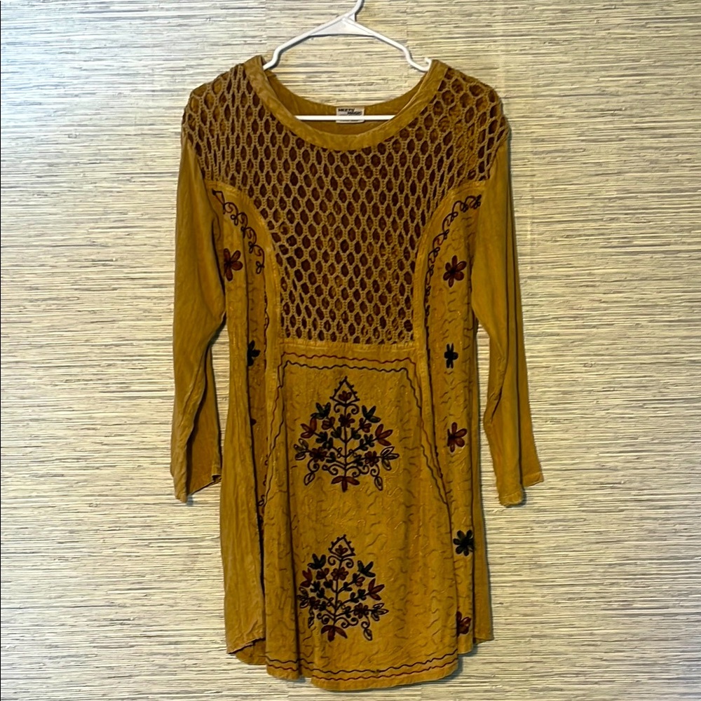 Meetu Magic Mustard Brown Boho Tunic Top Free Size | Embroidered Rayon Y2K (768)